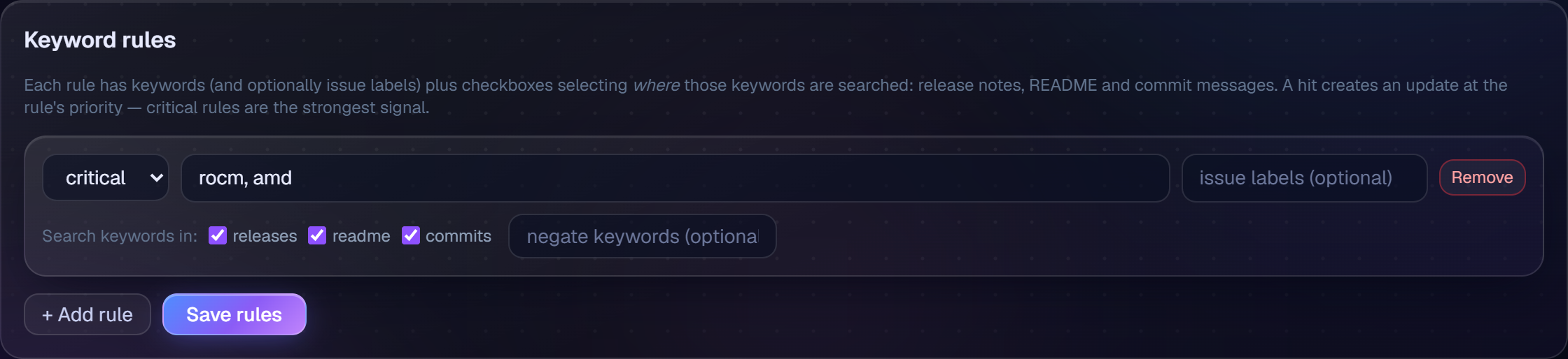 Keyword rules with word boundaries, negation and priorities