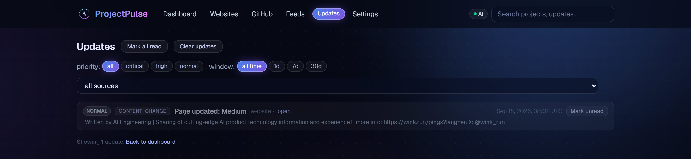 Updates feed with priority-sorted updates and AI summaries