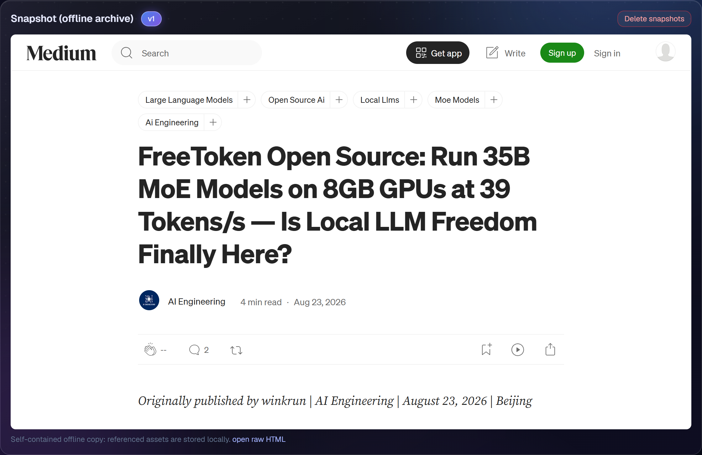 Offline website snapshot rendered in a sandboxed iframe with version history